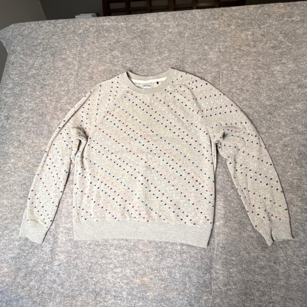 prAna Cozy Up Crewneck Sweatshirt Womens L Gray Diamond Print Raglan Pullover